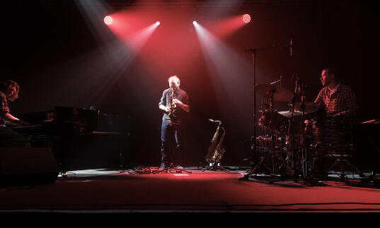 Mammal hands playing on stage  under a red light 