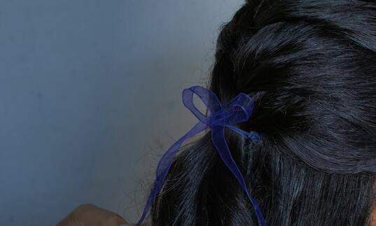 Close up of the back of head of a girl or woman with dark hair, tied with a blue bow
