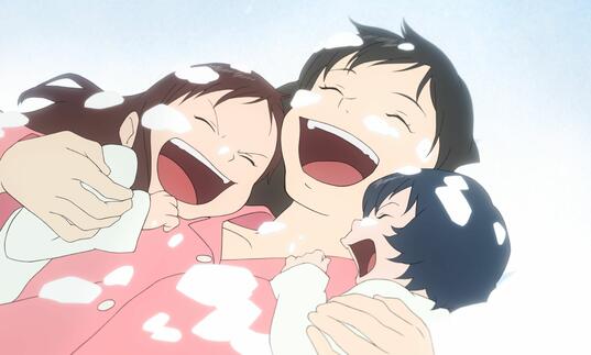 Mother and children in the snow laughing 