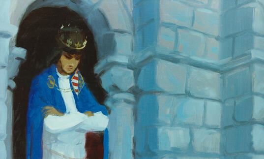 A forlorn looking king stares out the window of a castle