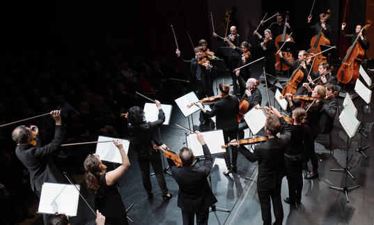 Top angle shot of the orchestra mid performance