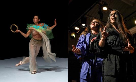 Collage of Lillian Steiner and La Chachi mid performance