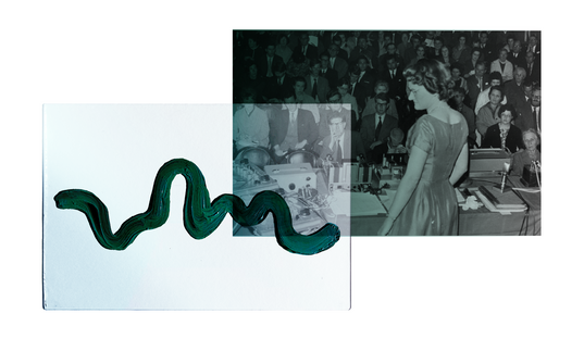 An image of Daphne Oram playing electronic music in front of a crowd 