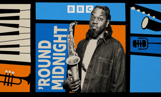 Black and White image of Soweto Kinch with a jazzy illustrated background 