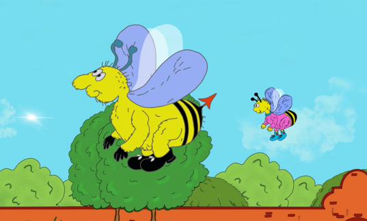 Two animated bees fly in the air
