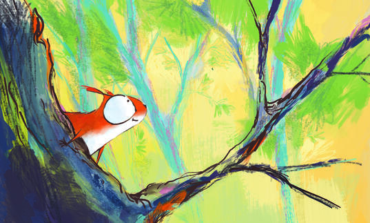 A squirrel pokes his head out of the tree