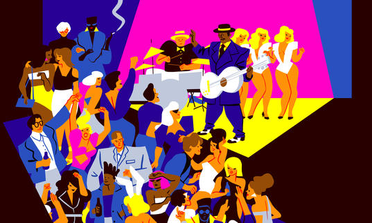 A party scene depicting Kid Creole and more figures from the time