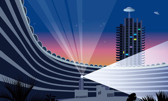Illustration of Barbican Tower with lights 