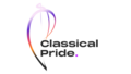 The words Classical Pride in black text, with a purple full stop and a multicoloured swirl encasing the left side of the words.