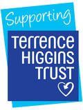 On two squares of different shades of blue are the words Supporting Terrence Higgins Trust