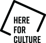 The words &#039;Here for Culture&#039; in caps, with an outline of a square, corner point roughly north-facing, that ends once it meets the writing