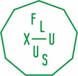 A green 9 sided shape with the word Fluxus in the middle, it is the Fluxus logo