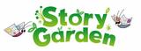 A logo: the words &#039;Story Garden&#039; in green letters with two butterflies with pages for wings flying either side.